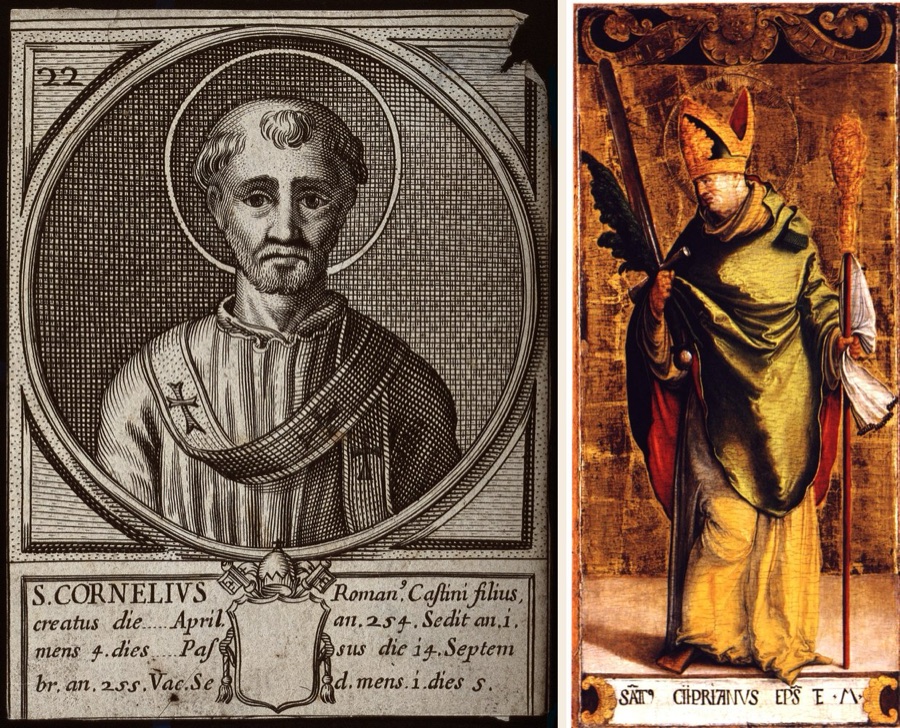 Ritratti di San Cornelio papa (incisione antica) e San Cipriano vescovo (dipinto, Maestro di Meßkirch, 1535 ca.), affiancati